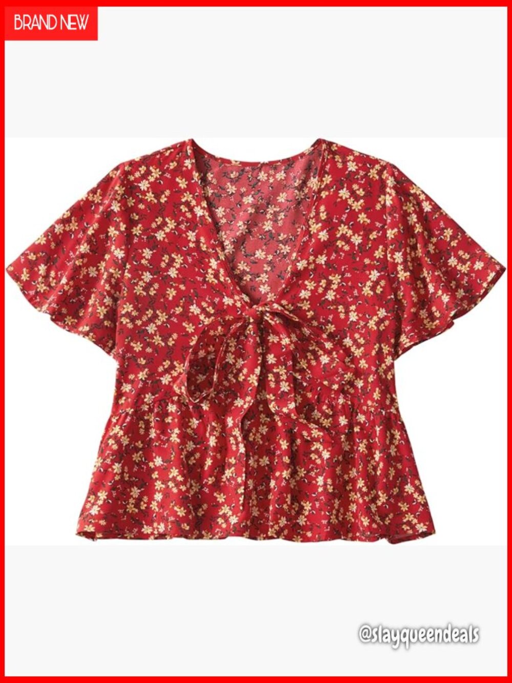 V Neck Tie Front Peplum Blouse Short Sleeve Floral Top Summer